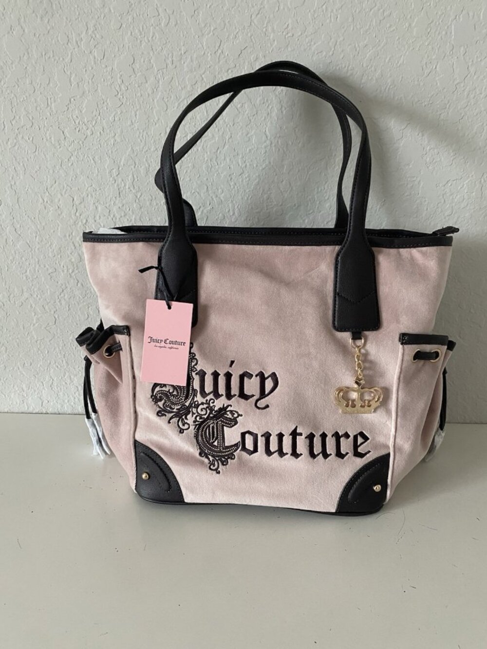 Juicy Couture Renaissance Tote In‎ Dusty Blush Velvet Embroidered W/Crown Charm